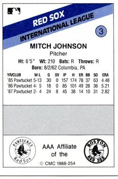 1988 CMC Pawtucket Red Sox #3 Mitch Johnson Back