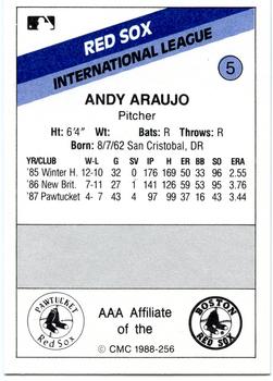 1988 CMC Pawtucket Red Sox #5 Andy Araujo Back