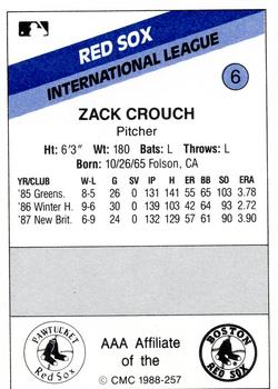 1988 CMC Pawtucket Red Sox #6 Zach Crouch Back