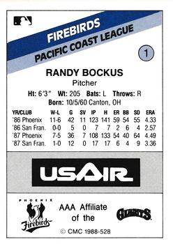 1988 CMC Phoenix Firebirds #1 Randy Bockus Back