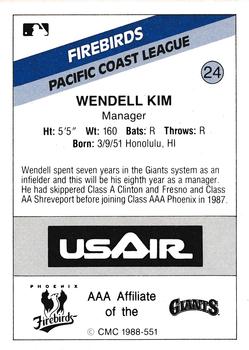1988 CMC Phoenix Firebirds #24 Wendell Kim Back