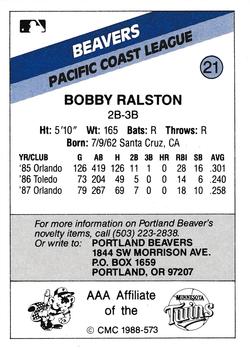 1988 CMC Portland Beavers #21 Bobby Ralston Back