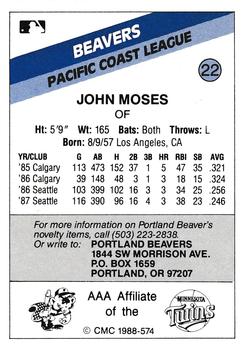 1988 CMC Portland Beavers #22 John Moses Back