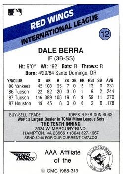 1988 CMC Rochester Red Wings #12 Dale Berra Back