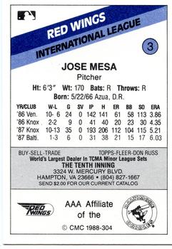 1988 CMC Rochester Red Wings #3 Jose Mesa Back