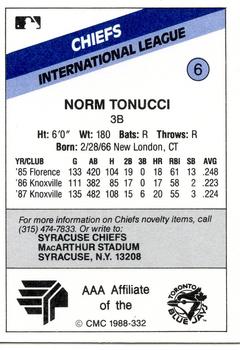 1988 CMC Syracuse Chiefs #6 Norm Tonucci Back