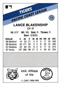 1988 CMC Tacoma Tigers #11 Lance Blankenship Back