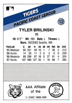 1988 CMC Tacoma Tigers #12 Tyler Brilinski Back