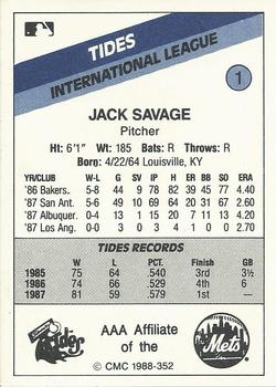 1988 CMC Tidewater Tides #1 Jack Savage Back
