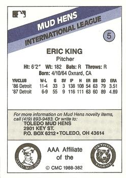1988 CMC Toledo Mud Hens #5 Eric King Back