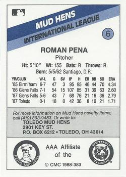 1988 CMC Toledo Mud Hens #6 Ramon Pena Back