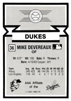 1988 CMC Triple A All-Stars #36 Mike Devereaux Back
