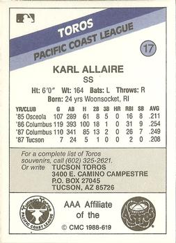 1988 CMC Tucson Toros #17 Karl Allaire Back