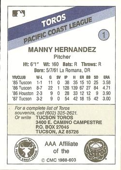 1988 CMC Tucson Toros #1 Manny Hernandez Back