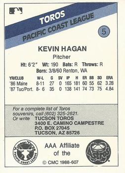 1988 CMC Tucson Toros #5 Kevin Hagen Back