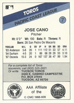 1988 CMC Tucson Toros #7 Jose Cano Back