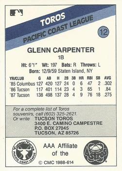 1988 CMC Tucson Toros #12 Glenn Carpenter Back
