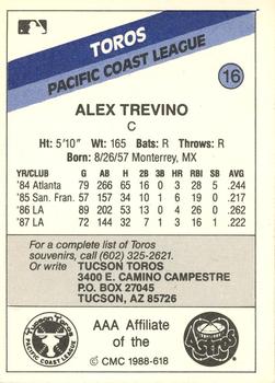 1988 CMC Tucson Toros #16 Alex Trevino Back