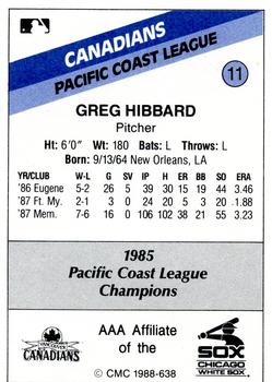 1988 CMC Vancouver Canadians #11 Greg Hibbard Back