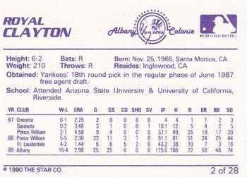 1990 Star Albany-Colonie Yankees #2 Royal Clayton Back