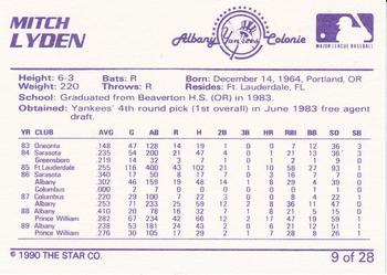 1990 Star Albany-Colonie Yankees #9 Mitch Lyden Back