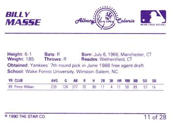 1990 Star Albany-Colonie Yankees #11 Billy Masse Back