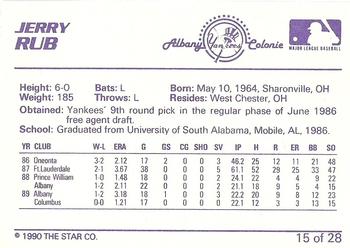 1990 Star Albany-Colonie Yankees #15 Jerry Rub Back