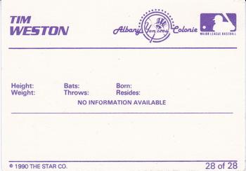 1990 Star Albany-Colonie Yankees #28 Tim Weston Back
