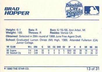 1990 Star Baseball City Royals #13 Brad Hopper Back