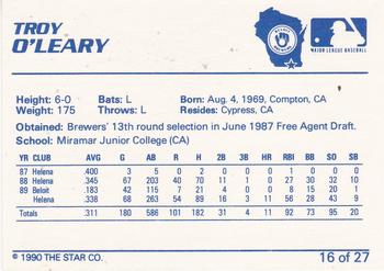 1990 Star Beloit Brewers #16 Troy O'Leary Back
