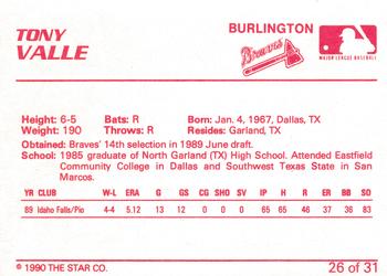 1990 Star Burlington Braves #26 Tony Valle Back