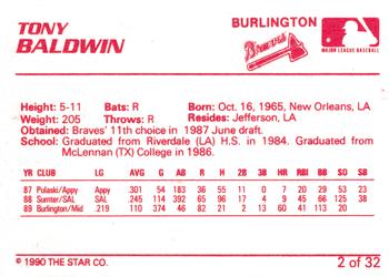 1990 Star Burlington Braves #2 Tony Baldwin Back