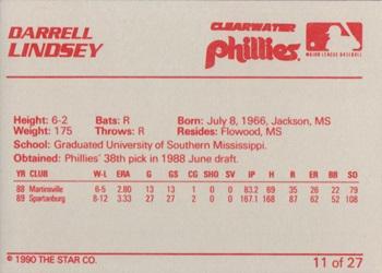 1990 Star Clearwater Phillies #11 Darrell Lindsey Back