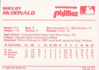 1990 Star Clearwater Phillies #15 Shelby McDonald Back