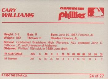 1990 Star Clearwater Phillies #24 Cary Williams Back