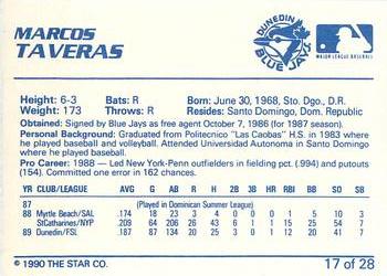 1990 Star Dunedin Blue Jays #17 Marcos Taveras Back