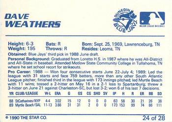 1990 Star Dunedin Blue Jays #24 Dave Weathers Back