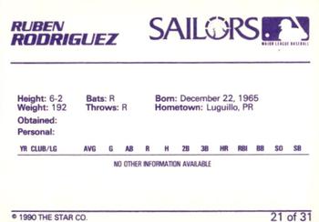 1990 Star Erie Sailors #21 Ruben R. Rodriguez Back