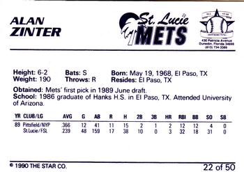 1990 Star Florida State League All-Stars #22 Alan Zinter Back