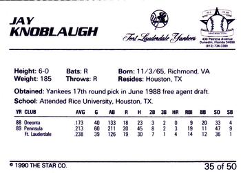 1990 Star Florida State League All-Stars #35 Jay Knoblauh Back
