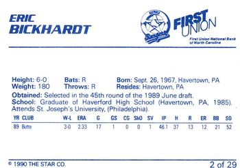1990 Star Gastonia Rangers #2 Eric Bickhardt Back