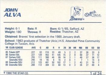 1990 Star Greenville Braves #1 John Alva Back