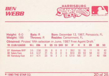 1990 Star Harrisburg Senators #20 Ben Webb Back
