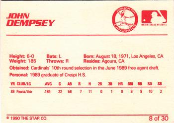 1990 Star Johnson City Cardinals #8 John Dempsey Back