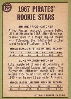 1967 Topps #123 Pirates 1967 Rookie Stars (Jim Price / Luke Walker) Back