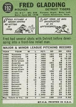 1967 Topps #192 Fred Gladding Back