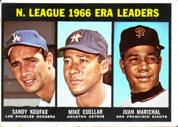 1967 Topps #234 National League 1966 ERA Leaders (Sandy Koufax / Mike Cuellar / Juan Marichal) Front