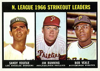 1967 Topps #238 National League 1966 Strikeout Leaders (Sandy Koufax / Jim Bunning / Bob Veale) Front