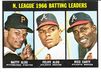 1967 Topps #240 National League 1966 Batting Leaders (Matty Alou / Felipe Alou / Rico Carty) Front