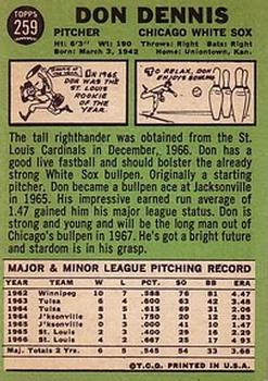 1967 Topps #259 Don Dennis Back